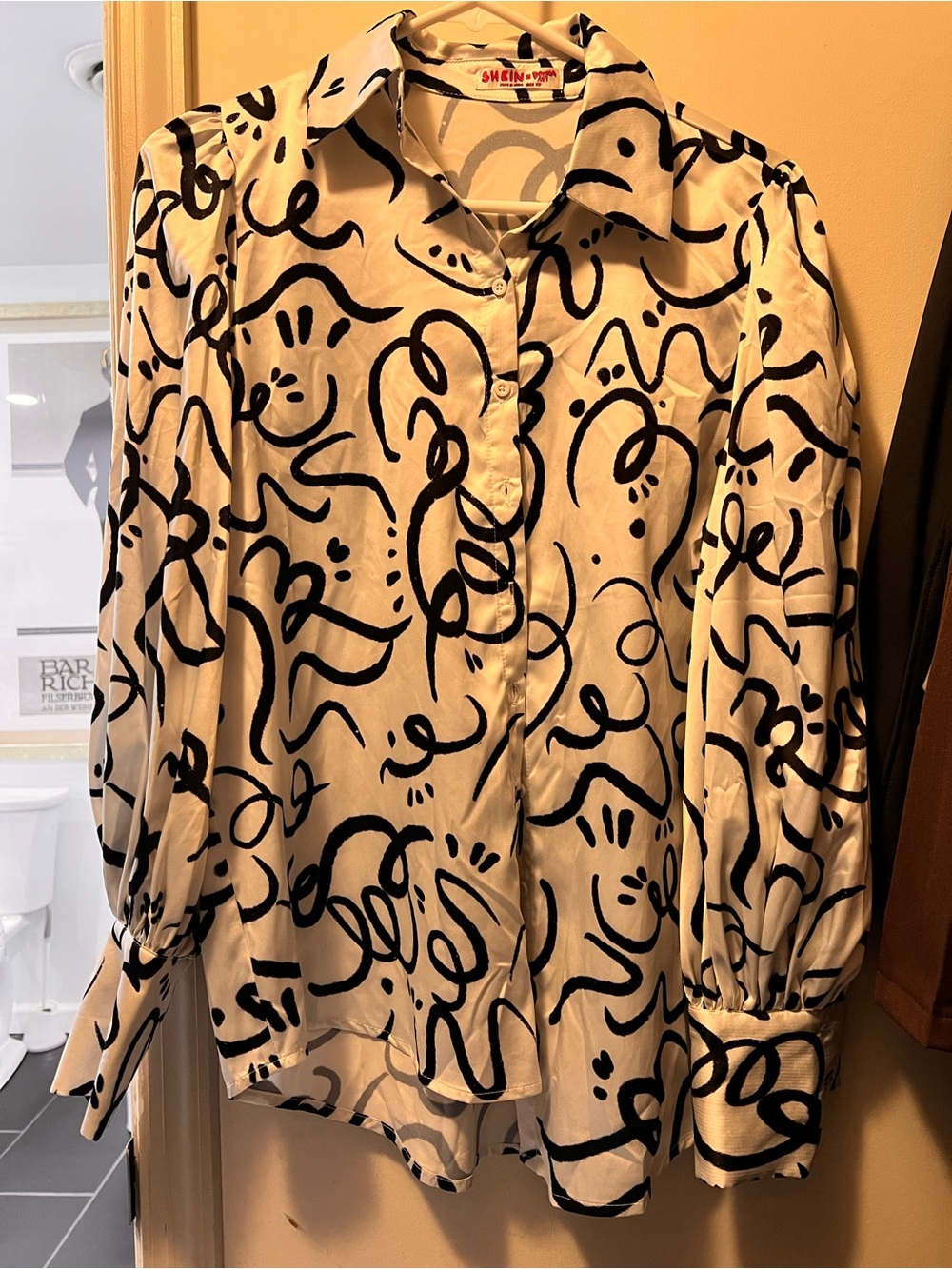 SHEIN White Blouse with Black Abstract Scribble Print